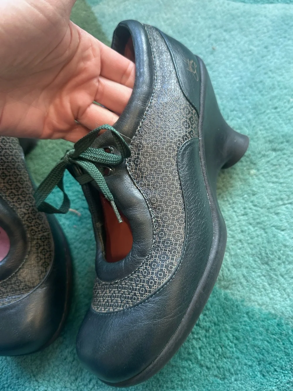 Fluevog VINTAGE EXCELLENT Friends Tillie petrol green wedge lace-up shoes -10